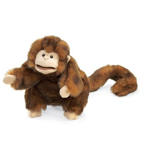 Monkey Puppet velvety brown monkey with movable arms, head, and mouth, perfect for playful scenes and imaginative fun.
