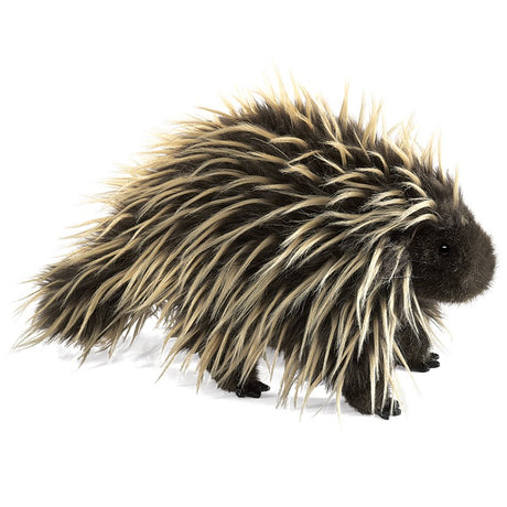 Porcupine Puppet plush with soft quills design, hand-operated to animate the head and front legs, perfect for ages 3 and up.