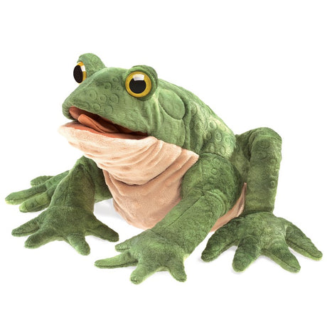 Green textured plush Toad Puppet with wide eyes and movable forelegs, mouth, and tongue for imaginative play.