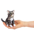 Hand holding a detailed Mini Tabby Cat Finger Puppet, showing its small, realistic design and cute features.