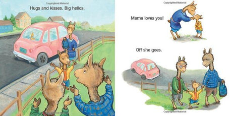 Llama Llama Gram and Grandpa book illustration showing Llama saying goodbye to Mama before visiting Gram and Grandpa.