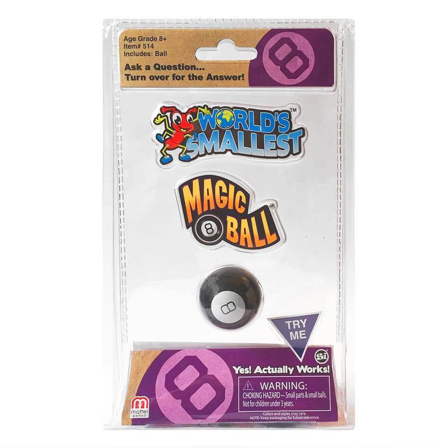 World's Smallest Magic 8 Ball packaged in clear blister pack with colorful logo and try me feature visible.