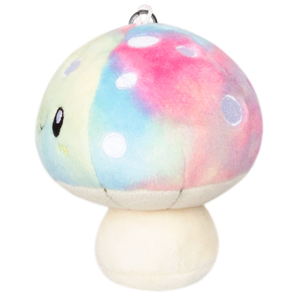 Mushroom Micro plush keychain with multicolor cap, metal clip, soft polyester fiber, measuring 3x3x3.5 inches.
