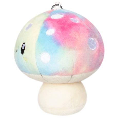 Mushroom Micro plush keychain with multicolor cap, metal clip, soft polyester fiber, measuring 3x3x3.5 inches.