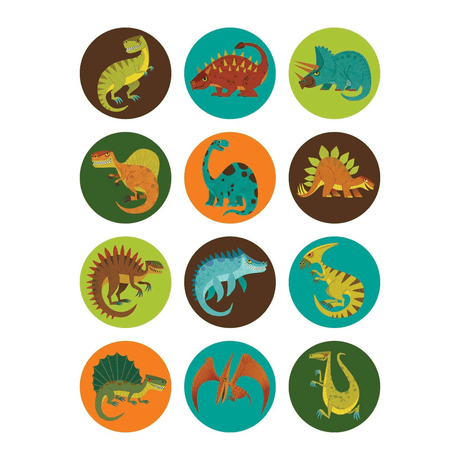 Mini Matching Dinos memory game featuring 12 pairs of colorful prehistoric dinosaur illustrations on round cards.