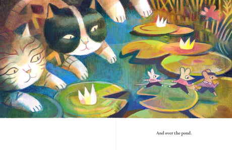 Illustration from Mina showing two cats watching mice crossing lily pads on a pond in a colorful forest scene.