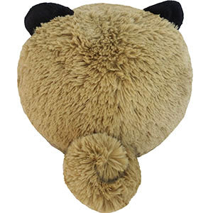 Pug Mini plush toy shown from the back, featuring fluffy tan fur, curled tail, and black ears.