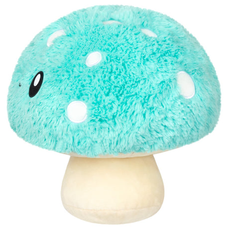 Turquoise Mushroom Mini plush toy with a soft blue cap and white spots, made of polyester fiber, suitable for all ages.