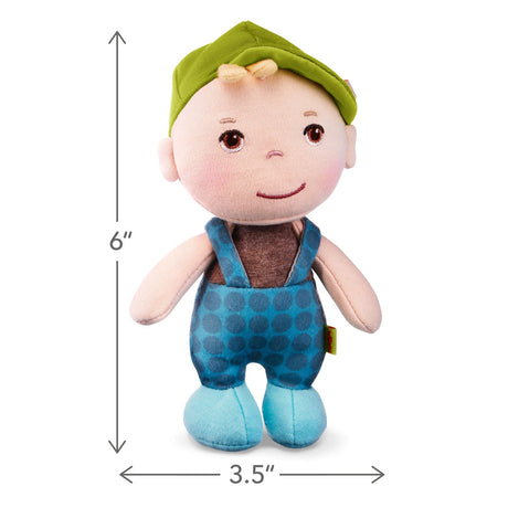 Mini Doll Matteo soft plush doll with green hat and blue overalls, 6 inches tall, perfect cuddly companion for babies and toddlers.