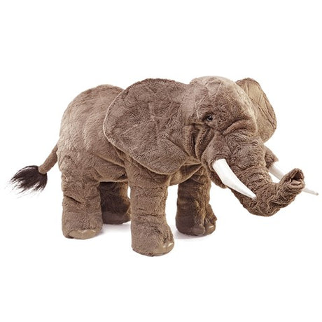 Soft and realistic Elephant Puppet with movable trunk and tusks, crafted from touchable micro-fiber fabric, perfect for imaginative play.