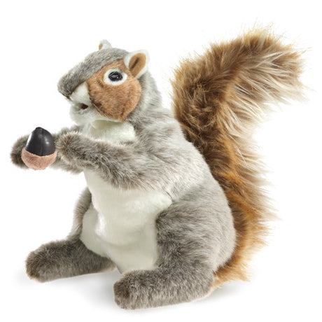 Gray Squirrel Puppet with soft fur, moveable mouth, whiskers, and an acorn accessory, 9" long and 11" tall.