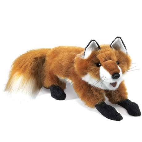 Red Fox Puppet with realistic fur, moveable front legs and mouth, 15 inches long, designed as a friendly vulpine charmer.