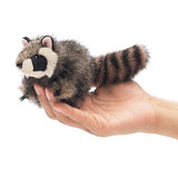 Raccoon Finger Puppet held in hand with striped tail and masked face, soft plush toy for kids ages 3 and up.