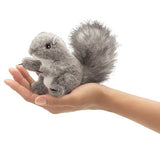 Grey Squirrel Finger Puppet shown resting on a hand, soft plush toy for kids ages 3 and up.