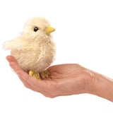 Chick Finger Puppet shown in hand, soft plush material, 4 inches tall, perfect size for kids aged 3 and up.