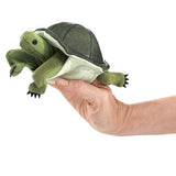 Turtle Finger Puppet plush puppet toy shown on hand with movable head and legs for children ages 3 and up.