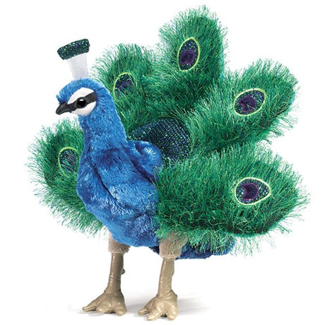 Peacock Puppet with vibrant blue body and detailed green feather fan, perfect for imaginative play and storytelling.