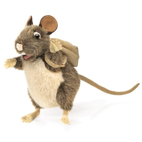 Pack Rat Puppet with soft fur, expressive eyes, twitchy nose, detachable pack, and poseable arms and legs.