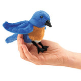 Bluebird Finger Puppet shown on a hand, soft plush toy with vibrant blue and orange colors for ages 3 and up.