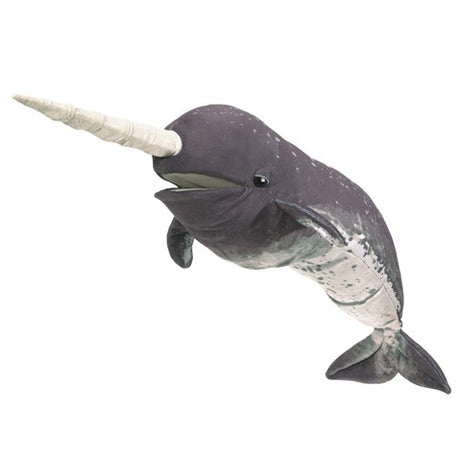 Narwhal Puppet with spiral tusk and soft mottle-patterned skin, perfect for imaginative play and storytelling.
