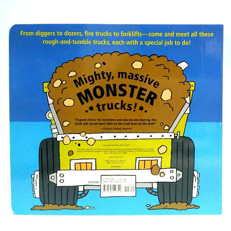 Back cover of Monster Trucks book showing a massive dump truck filled with dirt and playful text for toddlers.