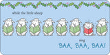 Moo, Baa, Fa La La La La! board book page with singing sheep caroling “BAA, BAA, BAA” under holly decorations.