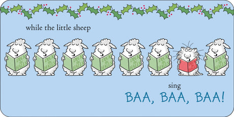 Moo, Baa, Fa La La La La! board book page with singing sheep caroling “BAA, BAA, BAA” under holly decorations.