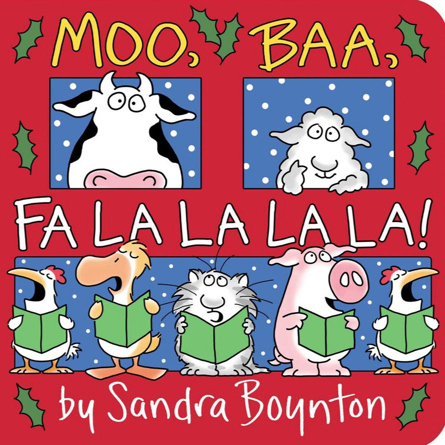 Cover of the Christmas board book Moo, Baa, Fa La La La La! showing cartoon animals singing carols.