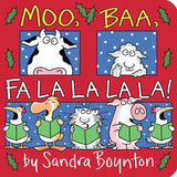 Cover of the Christmas board book Moo, Baa, Fa La La La La! showing cartoon animals singing carols.