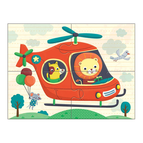 4-12pc Transportation Progressive Puzzles showing a colorful helicopter with animal passengers in a 9-piece puzzle.