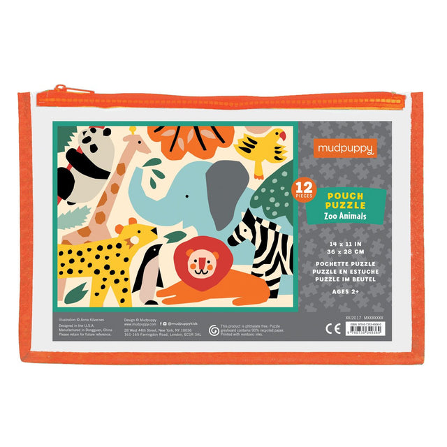 12pc Zoo Puzzle Pouch with colorful zoo animal illustrations in a travel-friendly zippered pouch for ages 2-4.
