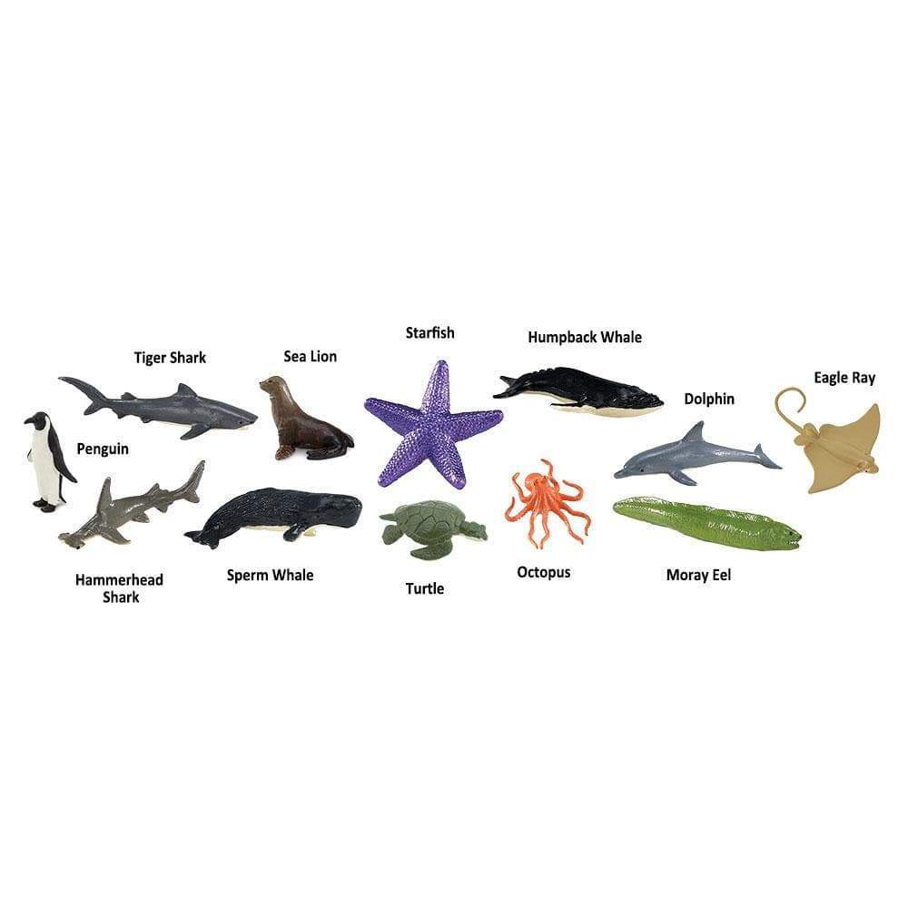 TOOB | Ocean featuring 12 hand-painted ocean animal figurines including whales, sharks, dolphin, turtle, starfish, and more.