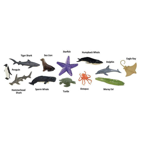 TOOB | Ocean featuring 12 hand-painted ocean animal figurines including whales, sharks, dolphin, turtle, starfish, and more.