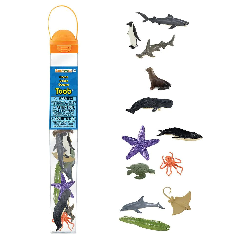 TOOB | Ocean with 12 hand-painted ocean creature figurines including turtles, starfish, sharks, whales, and dolphins.