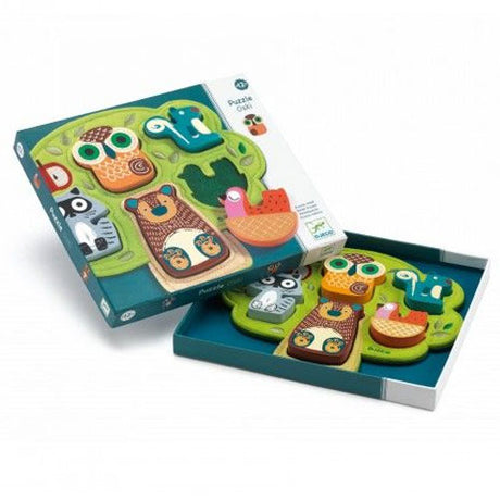 5pc Oski Puzzle with colorful chunky wooden animals fitting into a felt tree, ideal for toddlers 12 months and up.