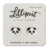 Panda Earrings featuring cute panda faces with titanium posts, hypoallergenic and handmade in New Orleans.
