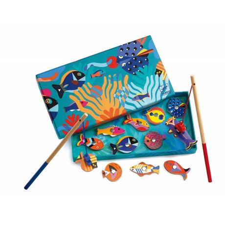 Magnetic Fishing game with colorful wooden fish and two fishing rods, designed for kids to develop coordination skills.