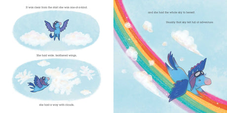 Pages from Perfectly Pegasus showing a lonely blue pegasus flying with wide wings near clouds and a rainbow in the sky.
