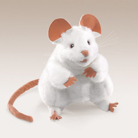White Mouse Puppet with big ears, movable mouth and arms, sitting alert and eager, perfect for kids ages 3 and up.