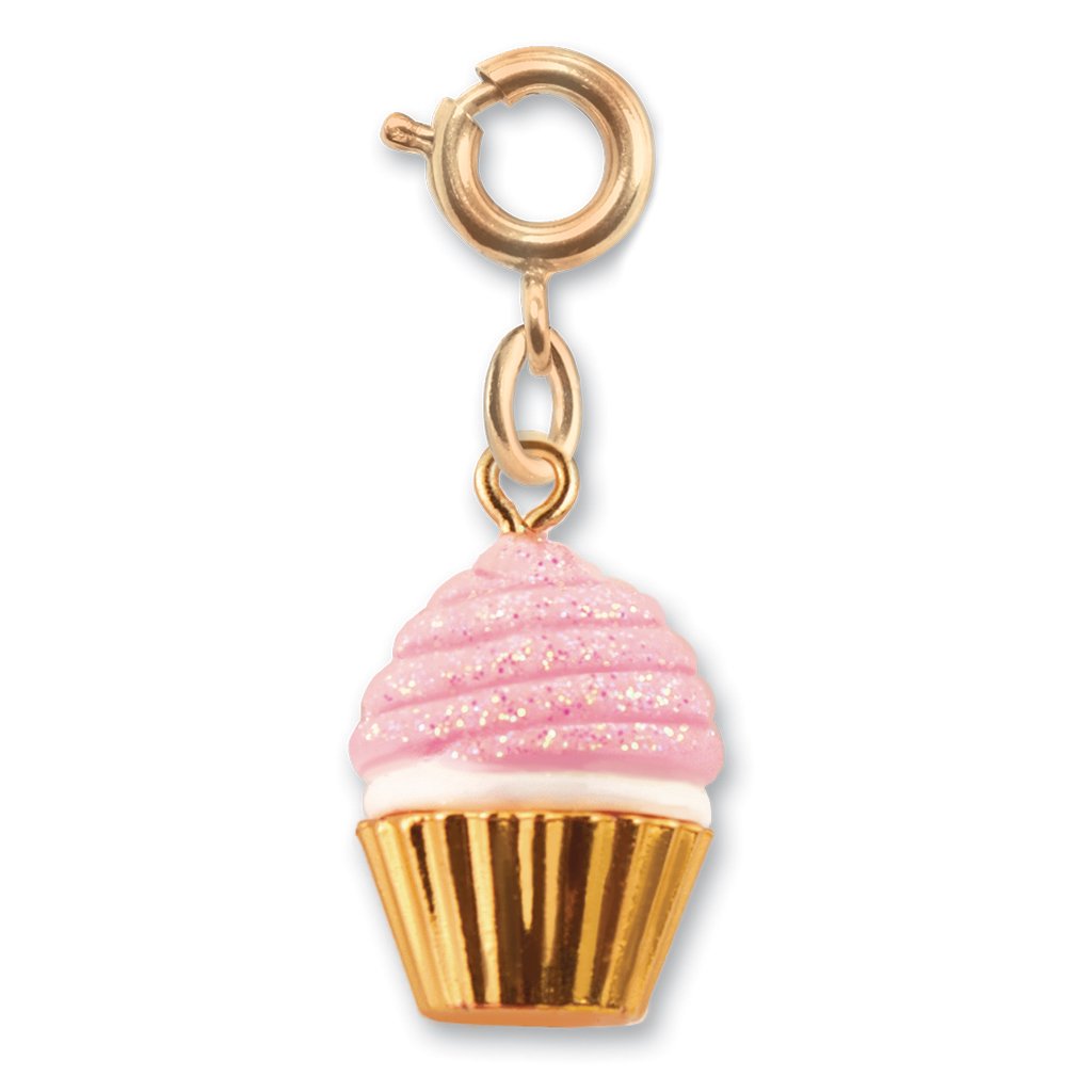 Pink Cupcake Gold Charm with 3D enamel glitter and gold base metal for CHARM IT! bracelets and necklaces