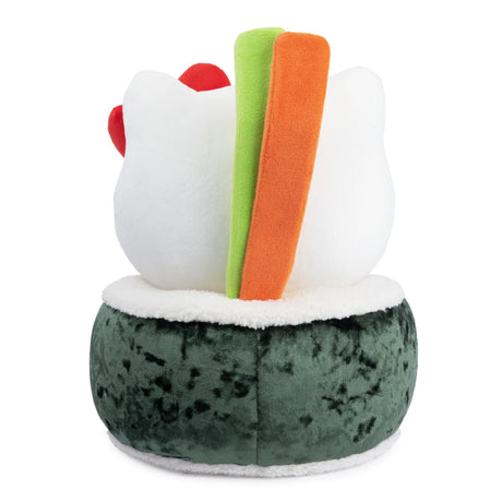 Hello Kitty Sushi plush showing back view with red bow, veggie sticks, white rice, and dark green crushed-velvet nori.