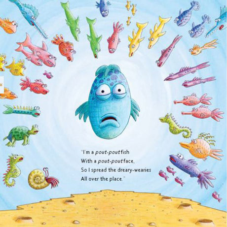 Illustration of Pout Pout Fish with a sad face surrounded by colorful ocean friends from the Pout Pout Fish board book.