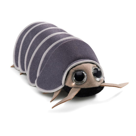 Roly Poly Bug Finger Puppet with movable exoskeleton plates and big eyes, a fun insect friend for kids ages 3 and up.