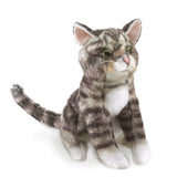 Tabby Cat Finger Puppet showing a detailed, grey striped plush cat with white paws and green eyes for ages 3 and up.