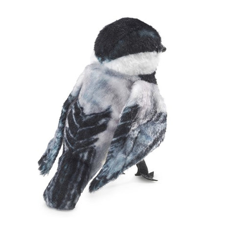 Cozy printed fabric Chickadee Finger Puppet with black, yellow, and white details, perfect for bird lovers aged 3 and up.