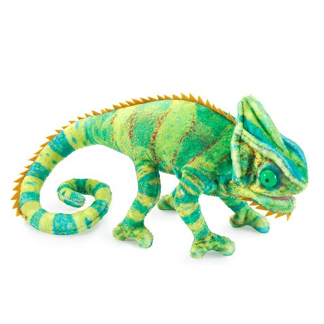 Chameleon Finger Puppet in lively green with orange accents, movable mouth, and coiled tail for ages 3 and up.