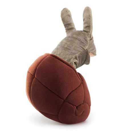 Soft and cuddly Snail Puppet with expressive features, retractable shell, and workable horns and mouth, 10 inches tall.