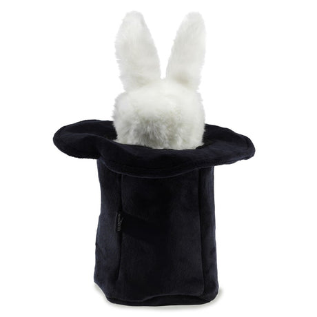 Rabbit in Hat Puppet showing a fluffy white bunny popping out of a black velvet magician’s top hat.