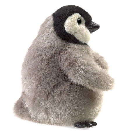 Soft and cuddly Emperor Penguin Baby Puppet with movable head and wings, perfect for storytelling and snuggles.