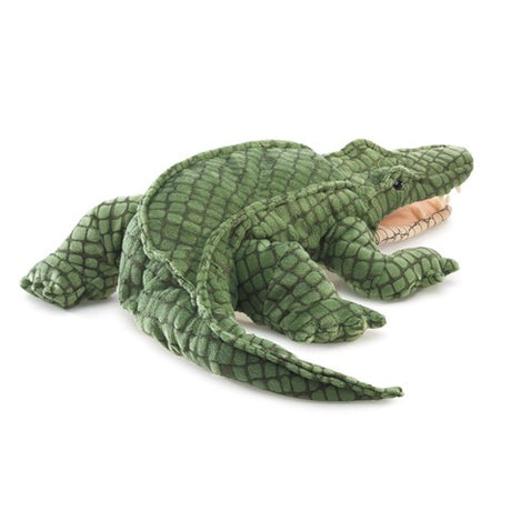 Alligator Puppet made with soft velour, realistic green scales, and plastic teeth, perfect for playful storytelling.